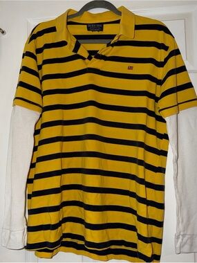 Men's Yellow & Black Striped Polo with Layered Long-Sleeve Look